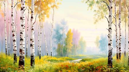 Ein zauberhafter Birkenwald mit bunten Bäumen im Hintergrund 2024
