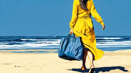 Eine Frau in gelben Mantel und blauer Tasche geht durch Strand an einem sonnigen Tag 2023