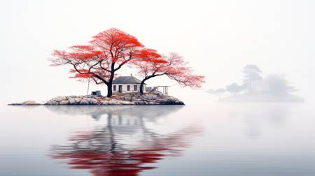Eine Insel im See mit einem roten Baum und einem Haus mit schöner Wasserspiegelung in japanischen Lo 2024