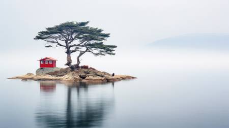 Eine Insel im See mit einem roten Haus und einem Baum in japanischen Look 2024
