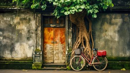 Fahrrad vor einem Tempel in Bali. Alte Tür in Asien 2023