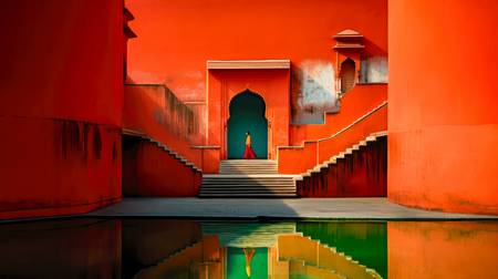 Frau in einem Wassertempel in Indien. Rote Wände und Treppe. Architektur in Indien 2023