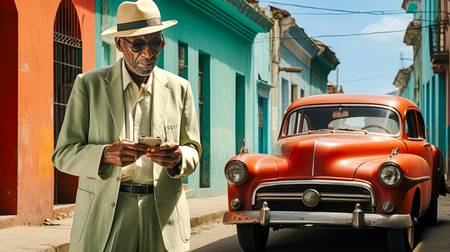 Gentleman und sein Oldtimer in Havana, Cuba, Bunte Strasse in der Altstadt 2023