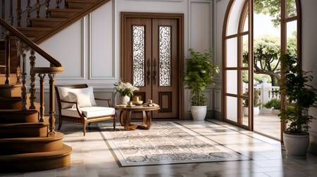 Mediterranes Innendesign einer modernen Eingangshalle mit Gittertür, Treppen und Pflanzen 2023