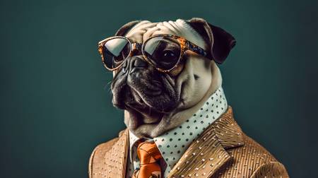 Mops mit Anzug, Krawatte und Sonnenbrille. Haustiere, Hund, Portrait, Hundeportrait 2023