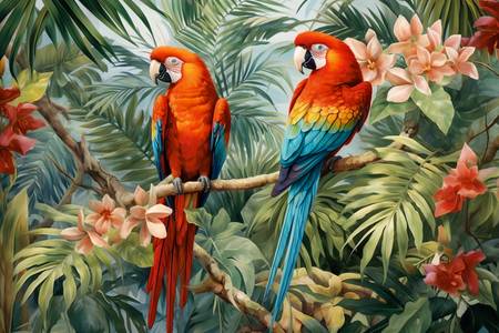 Papageien im Wald, Tropischer Regenwald, Vögel in Natur, Jungle mit Pflanzen und Vögeln 2023