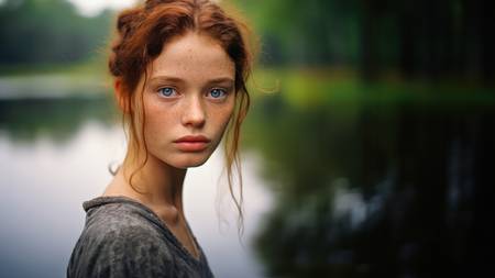 Porträt einer wunderschönen Frau mit roten Haaren und Sommersprossen am Waldsee 2024