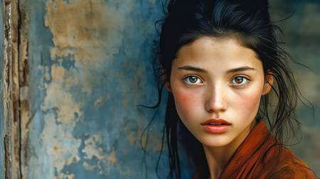 Portrait eines Mädchen in China mit blauer Wand als Hintergrund 2023