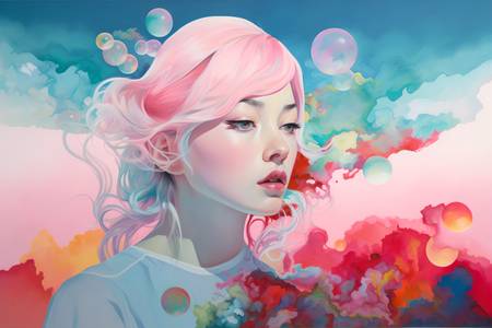 Portrait, Frau mit rosa Haaren, Manga, Bunt, Digital 2023