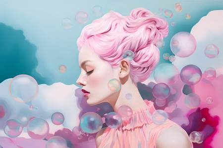 Portrait, Frau mit rosa Haaren, Manga, Bunt, Digital, Wolken 2023