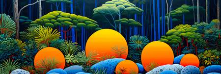 Regenwald mit orangen Kugeln. Eine grün, orange Landschaft 2023