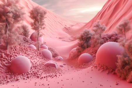 Rosa Kugeln, futuristische Landschaft mit rosa Bergen, Fantasielandschaft, Rosa Landschaft mit Kugel 2023