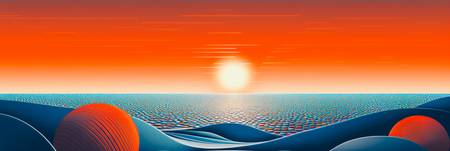 Sonnenuntergang über dem Ozean. Abstrakte Landschaft aus geometrischen Elementen 2023