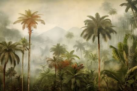 Tropische Landschaft mit Palmen und Bergen. Nebel im Regenwald. Grüne Landschaft am morgen. Natur 2023