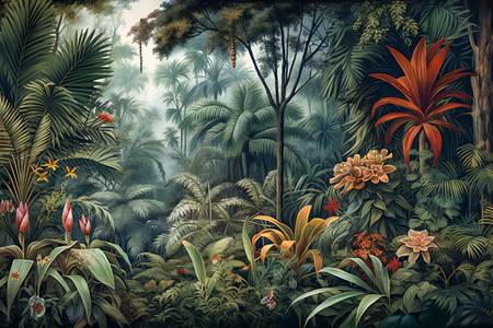 Tropischer Regenwald mit bunten Pflanzen und grünen Bäumen, Traumhafte Natur, Jungle 2023