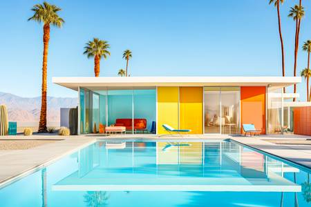 Villa mit Swimmingpool und Palmen. Kalifornia 2024