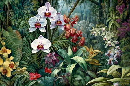 Weisse Orchideen im tropischen Regenwald. Landschaft mit Blumen, Natur, Floral 2023