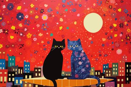 Zwei Katzen auf dem Dach beim Vollmond. Roter Himmel mit Sternen. Liebe 2023