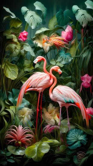Zwei pinke Flamingos in einem Regenwald.  2024