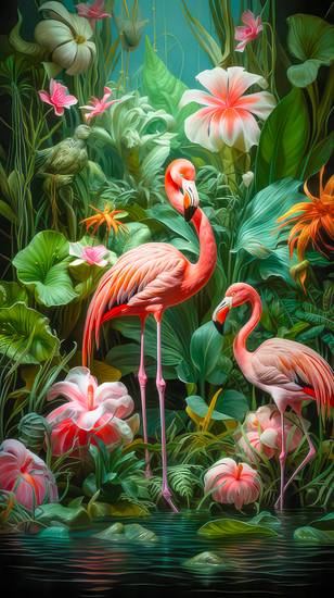 Zwei rosafarbene Flamingos inmitten eines üppigen Regenwaldes mit exotischen Blumen und Pflanzen 2024