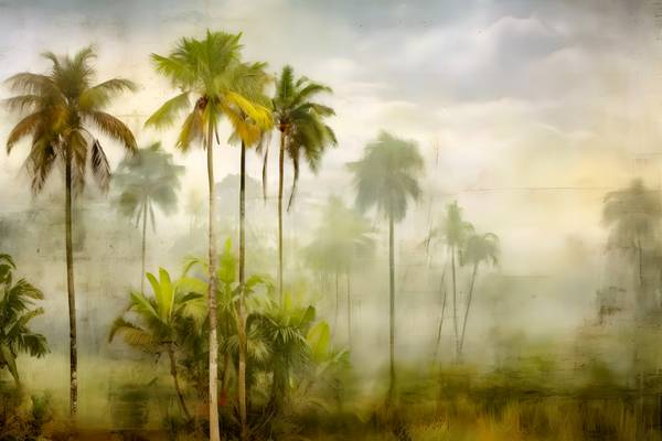 Tropische Landschaft, Palmen im Nebel. Traumhafte Natur. Used Look. Regenwald am morgen.  von Miro May