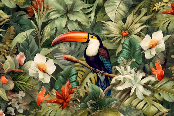 Tukan im Regenwald, Tropischer Regenwald, Tropische Pflanzen, exotische Blumen von Miro May