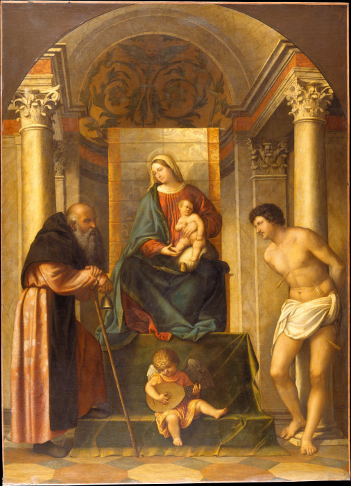 Thronende Madonna mit Kind und den Heiligen Antonius Abbas und Sebastian von Moretto da Brescia