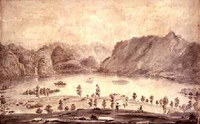 Panoramic View of Derwentwater and the Vale of Keswick, detail of the western side of Derwent Water c.1772 cil