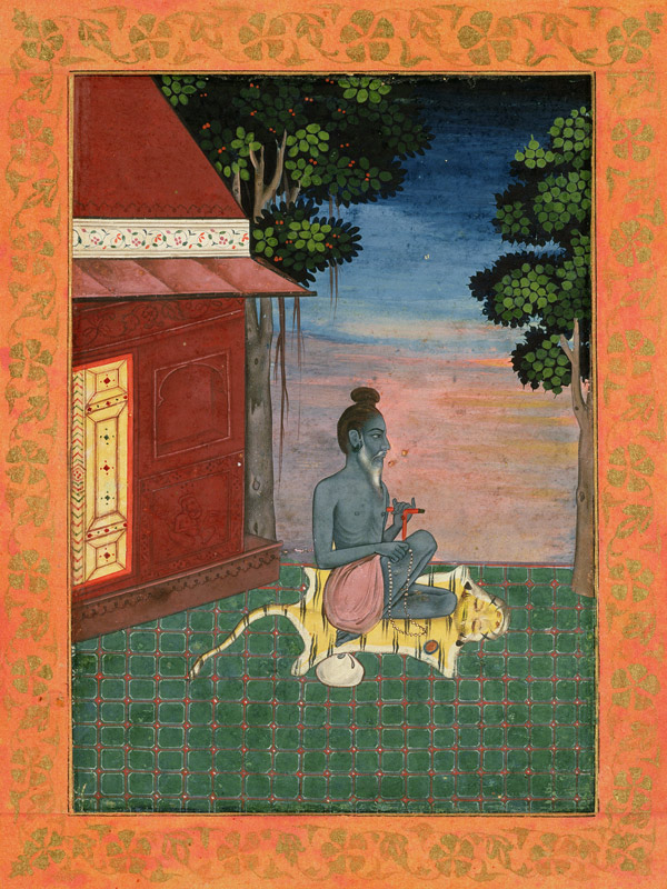 Aged ascetic seated on a tiger skin outside a building, from the Large Clive Album von Mughal School