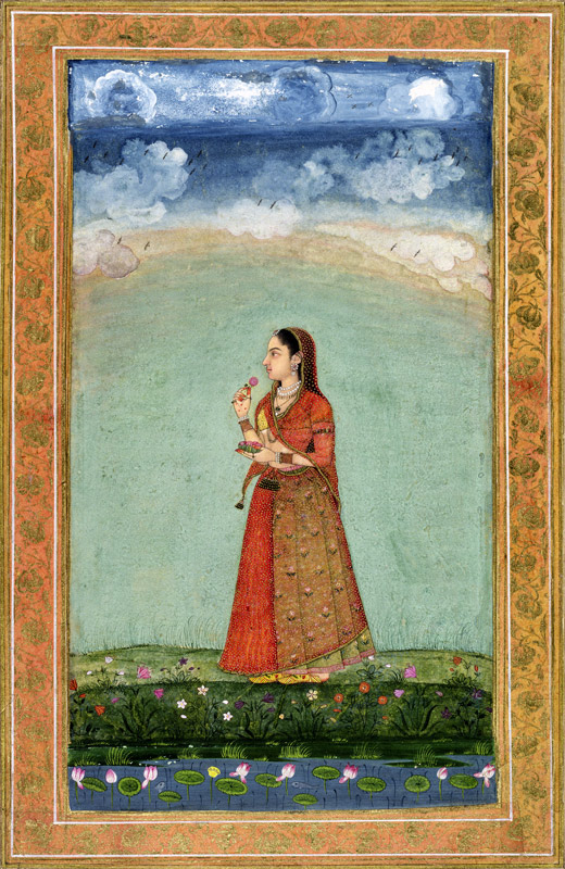 Lady holding a bowl of roses, from the Small Clive Album von Mughal School