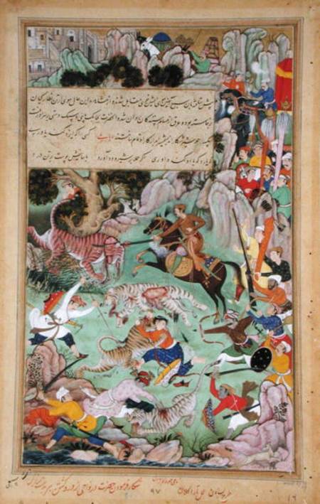 Akbar tiger hunting near Nawar, Gwalior in 1561 von Mughal School
