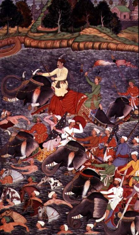 Emperor Akbar (r.1556-1605) crossing the River Ganges in 1567, from the 'Akbarnama' von Mughal School
