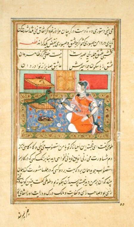Kjujista, the Merchant's Wife, talking to a Parrot, Calligraphy & illustration from the 'Tuti'nama', von Mughal School