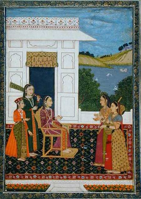 A lady with attendants on a terrace, from the Small Clive Album von Mughal School