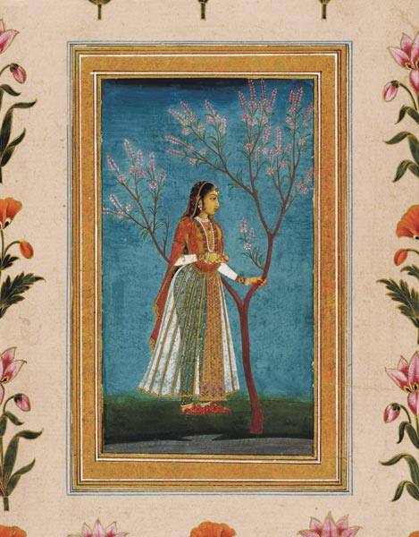 Lady standing by a tree in blossom, from the Small Clive Album von Mughal School