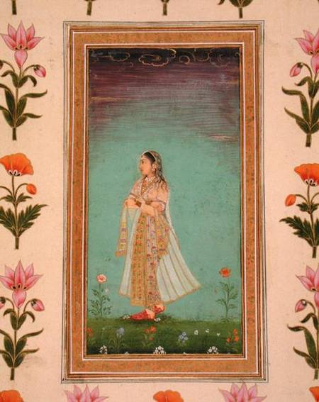 Lady walking through flowers, from the Small Clive Album von Mughal School