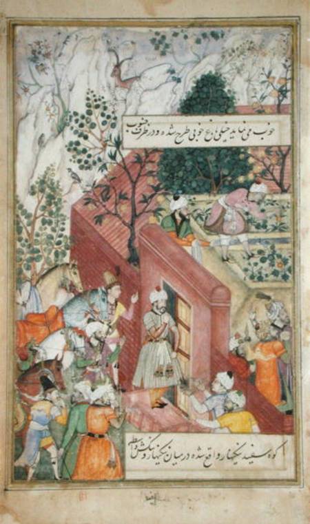 The Mughal Emperor Babur (r.1526-30) about to oversea the laying out of a garden, using lines, from von Mughal School