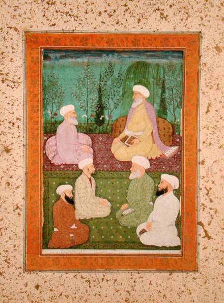 Six Muslim holy men seated on a garden terrace, from the Large Clive Album von Mughal School