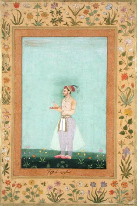 Prince Dara Shikuh holding a tray of jewels, from the Minto Album von Mughal School