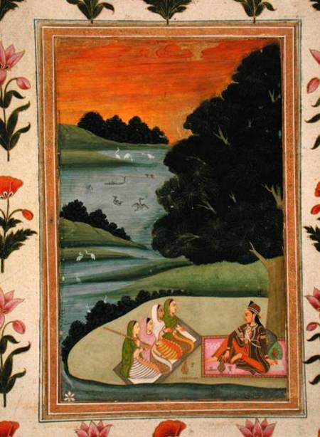 A Princess listening to female musicians by a river at sunset, from the Small Clive Album von Mughal School