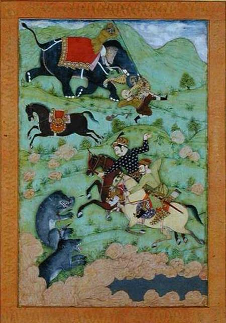 Rajput princes hunting bears; a mahout and his elephant rescue a fallen horseman from a tiger, from von Mughal School