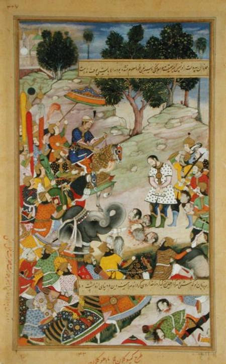 The rebel Bahadur Khan (d.1601) as a prisoner in the presence of Akbar (r.1556-1605) in 1567, from t von Mughal School