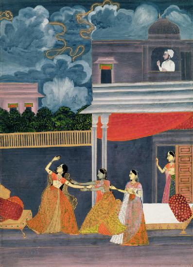 A lady brought in from a storm at night: illustration from the musical mode Madhu Madhavi c.1760