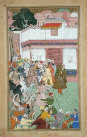 Fatepur Sikiri, 1573: Hasain Quli Khan-l Jahan presenting his prisoners to Emperor Akbar (r.1556-160 1590-98