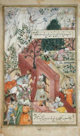 The Mughal Emperor Babur (r.1526-30) about to oversea the laying out of a garden, using lines, from c.1590