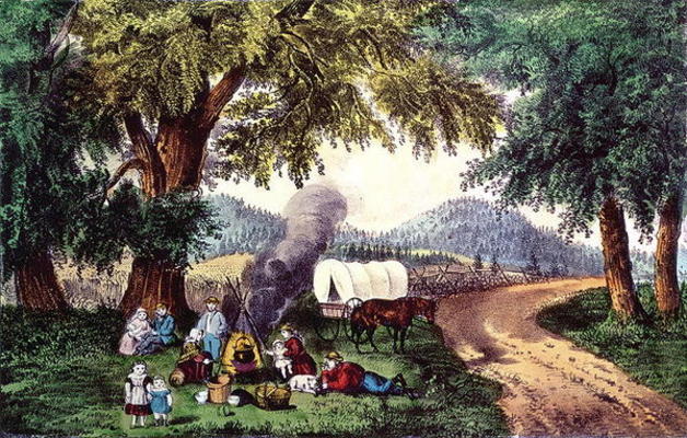 A Halt by the Wayside (print) 9:picnic; cauldron; sisters; pipe; covered wagon; settlers; American; von N. Currier
