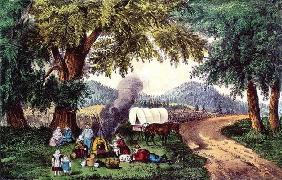 A Halt by the Wayside (print) 9:picnic; cauldron; sisters; pipe; covered wagon; settlers; American; 19th