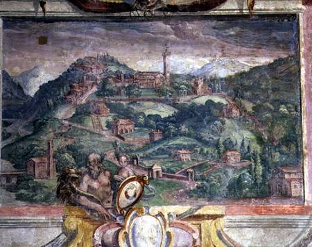Bedroom, detail of frieze depicting towns under Medici rule, Fiesole von Nanni  di B. Bigio  & Bartolomeo Ammannati