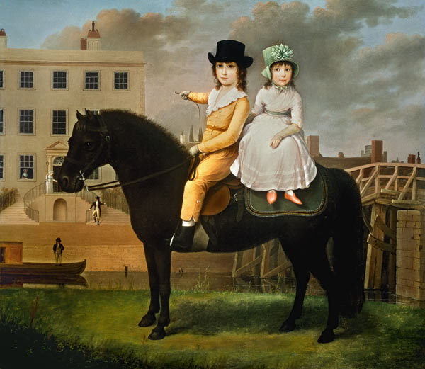 Two Children Seated On A Black Pony von Nathan Theodore Fielding