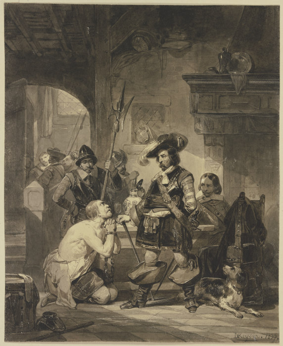 Eine Wachstube, auf den Knien ein Ketten Geschlagener einen Befehlshaber anflehend von Nicaise de Keyser